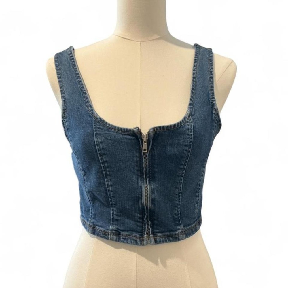 Forever 21 Denim Corset Top Womens Medium Blue Excellent Zip Front Crop Bustier‎